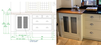 The original design drawing and a picture of the finished boiler cabinet.